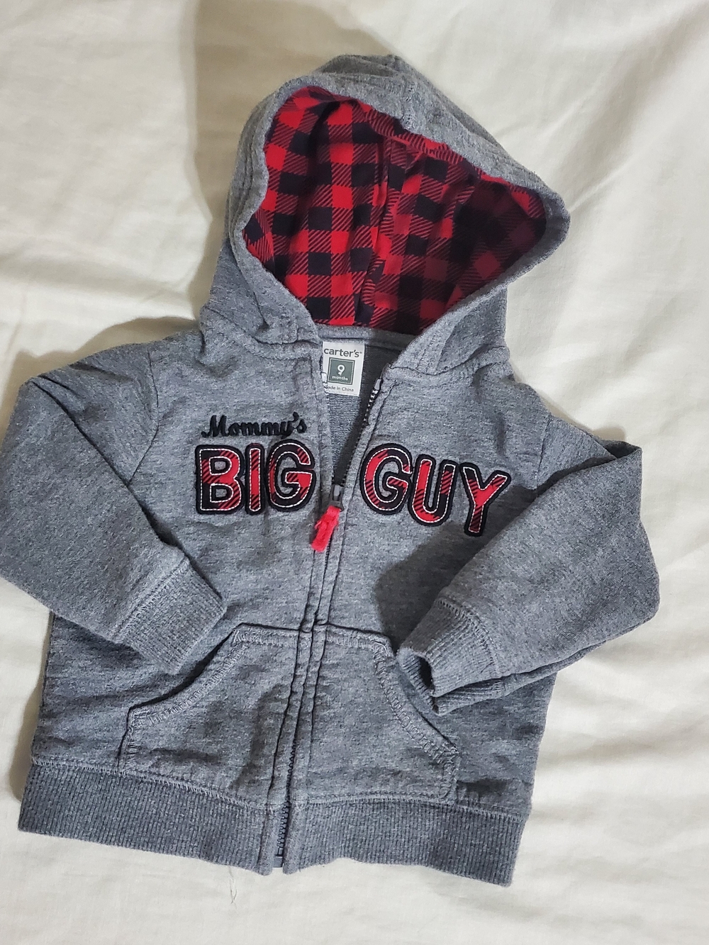 Carter's Gray Hoodie with Red Plaid Hood Lining - Kids